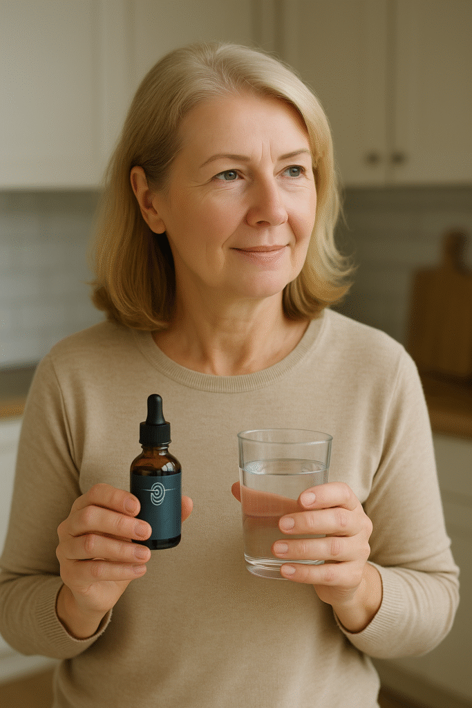 woman holding supplement bottle with a glass of water, feeling safe and confident